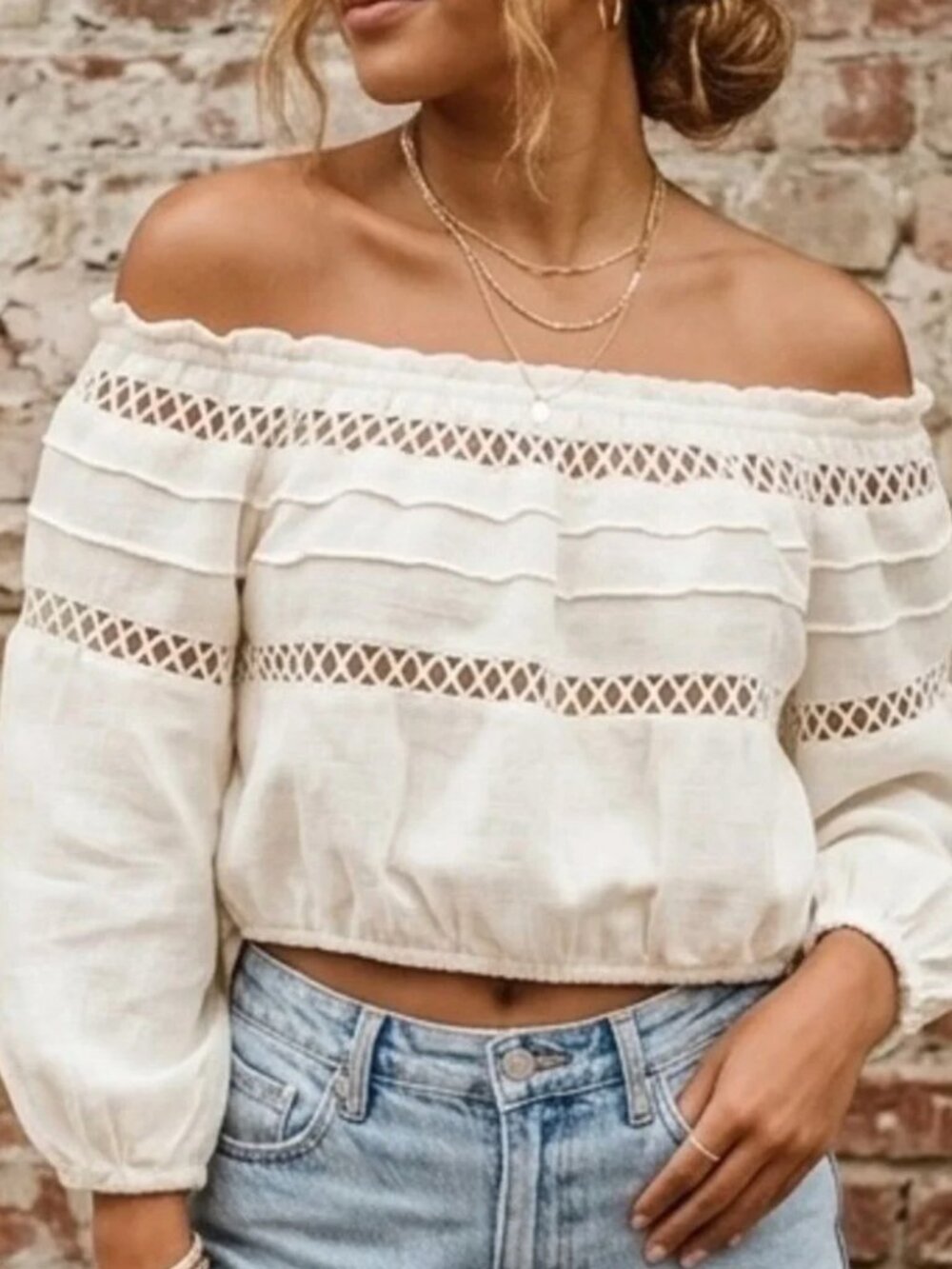 Sadie & Sage Open Knit White Peasant Crop Top Womens L Off Shoulder Cottagecore